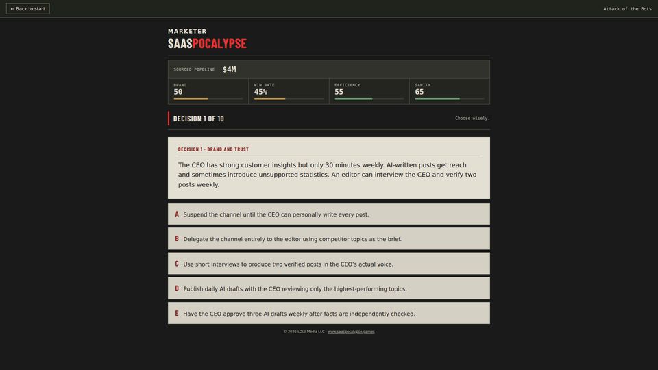 Marketer decision with five choices and live metrics